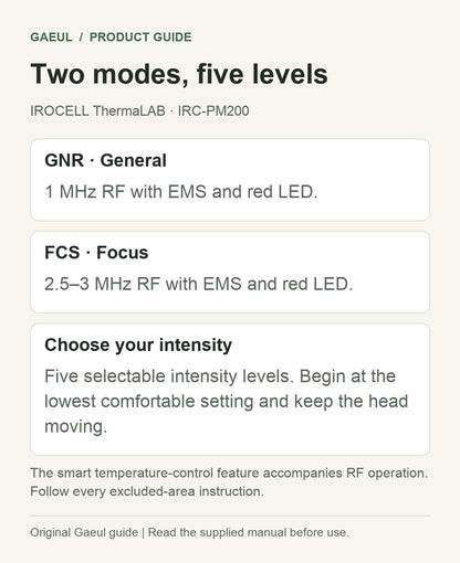IROCELL ThermaLAB · IRC-PM200: two modes, five levels.
