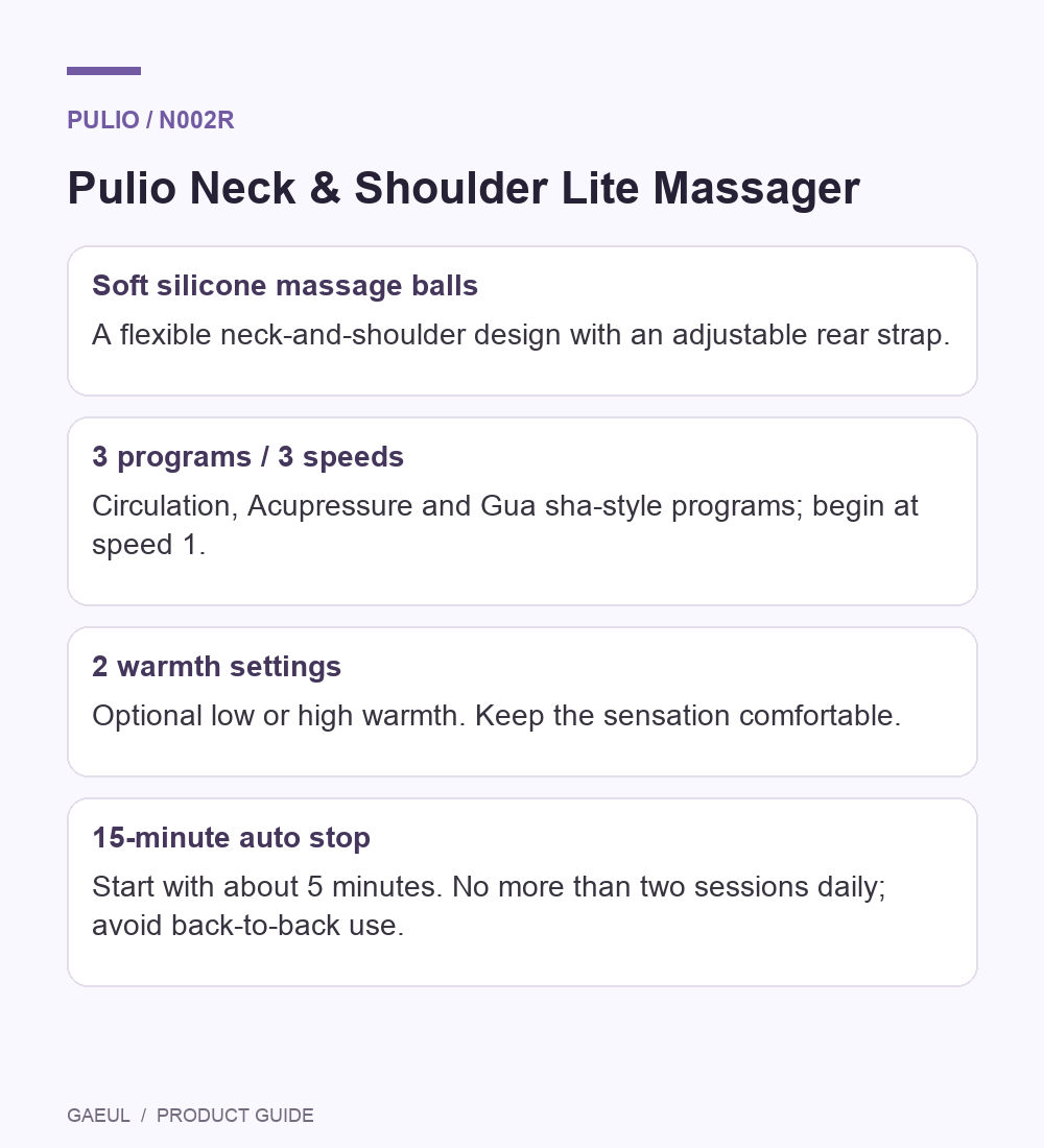 Pulio Neck &amp; Shoulder Lite Massager English guide to format controls and gentle first use
