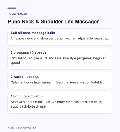 Pulio Neck &amp; Shoulder Lite Massager English guide to format controls and gentle first use