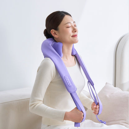 Pulio Neck and Shoulder Lite N002R lavender massager with full straps shown worn on the shoulders