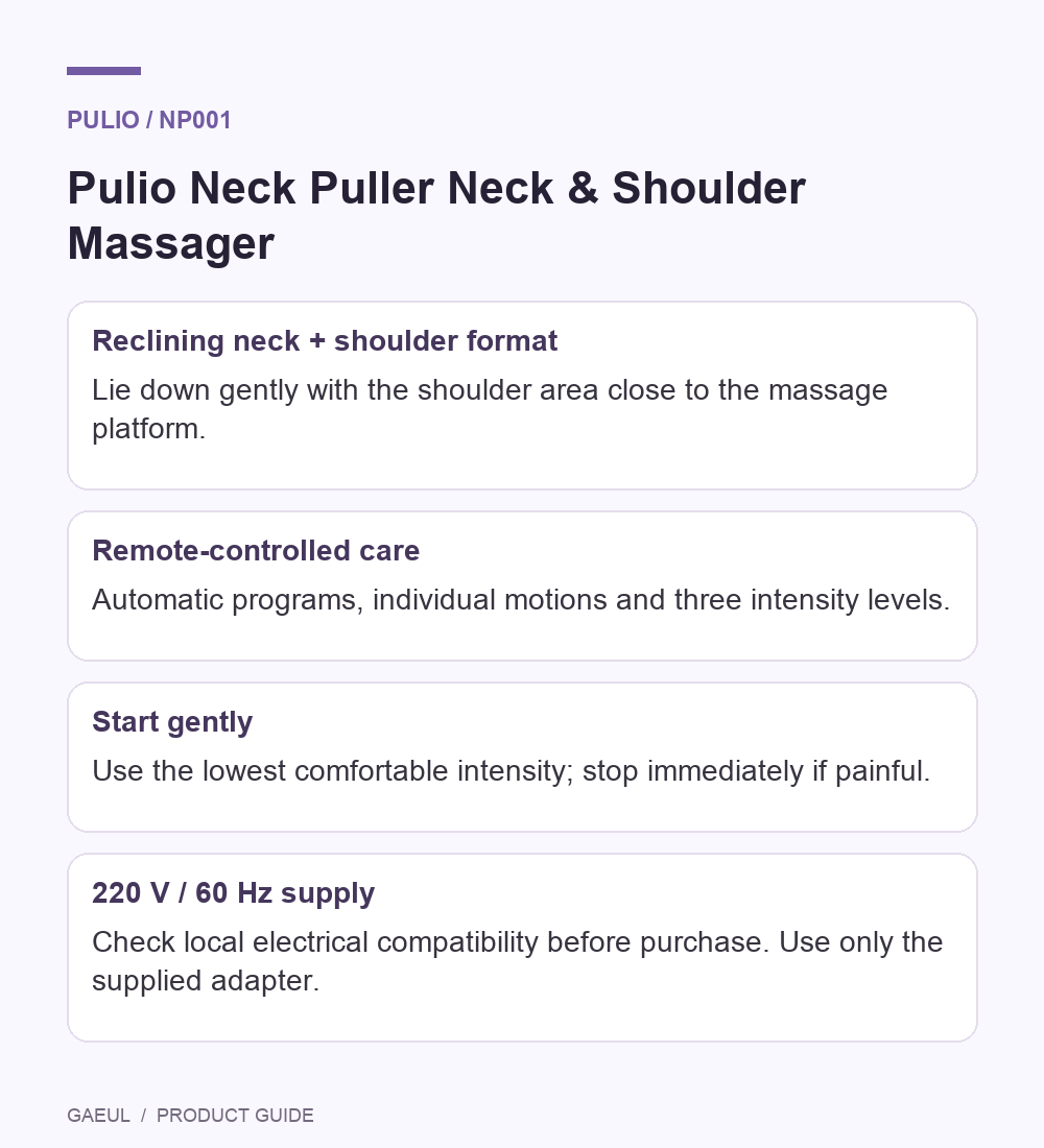 Pulio Neck Puller Neck &amp; Shoulder Massager English guide to format controls and gentle first use