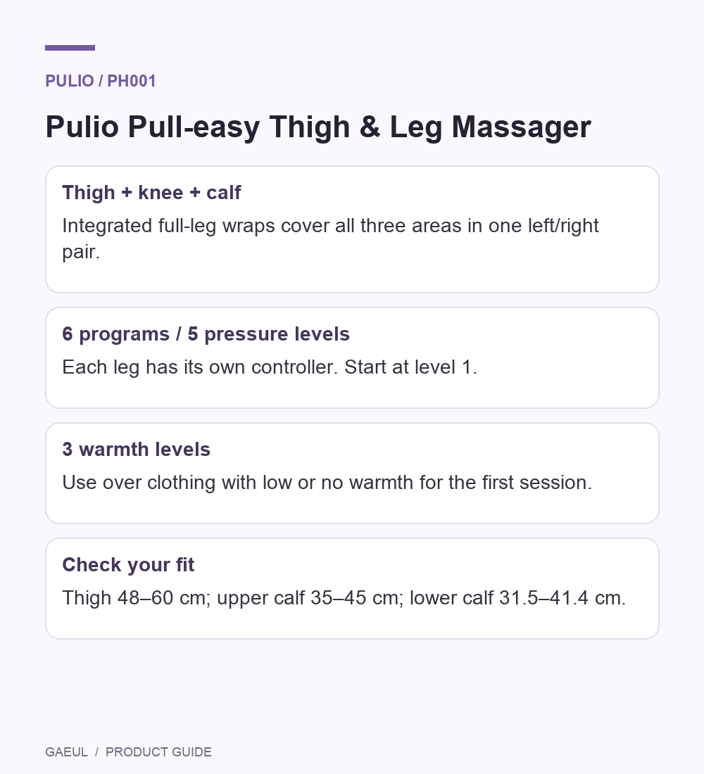 Pulio Pull-easy Thigh &amp; Leg Massager English guide to format controls and gentle first use