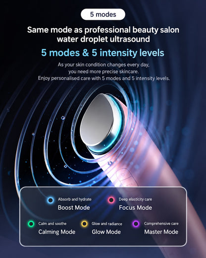 Medicube AGE-R Booster Glow showing five skincare modes and five intensity levels