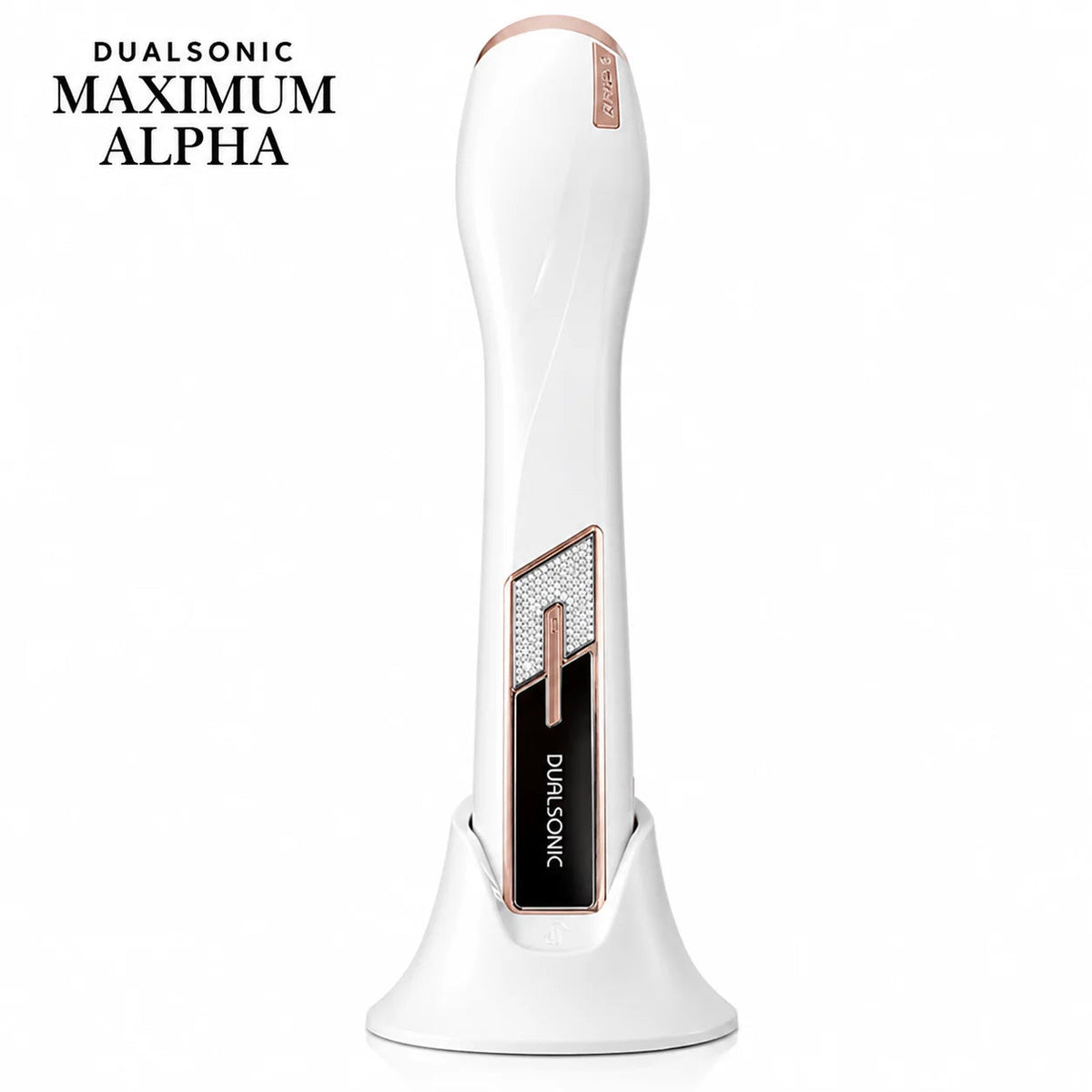 DUALSONIC Maximum Alpha beauty device in White with gold accents and charging cradle