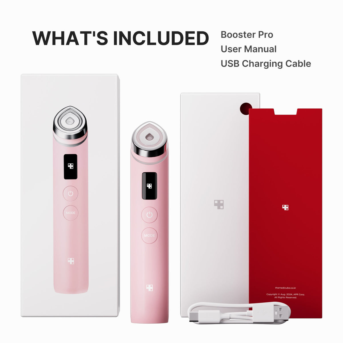 Medicube Booster Pro Pink with product manual and USB charging cable